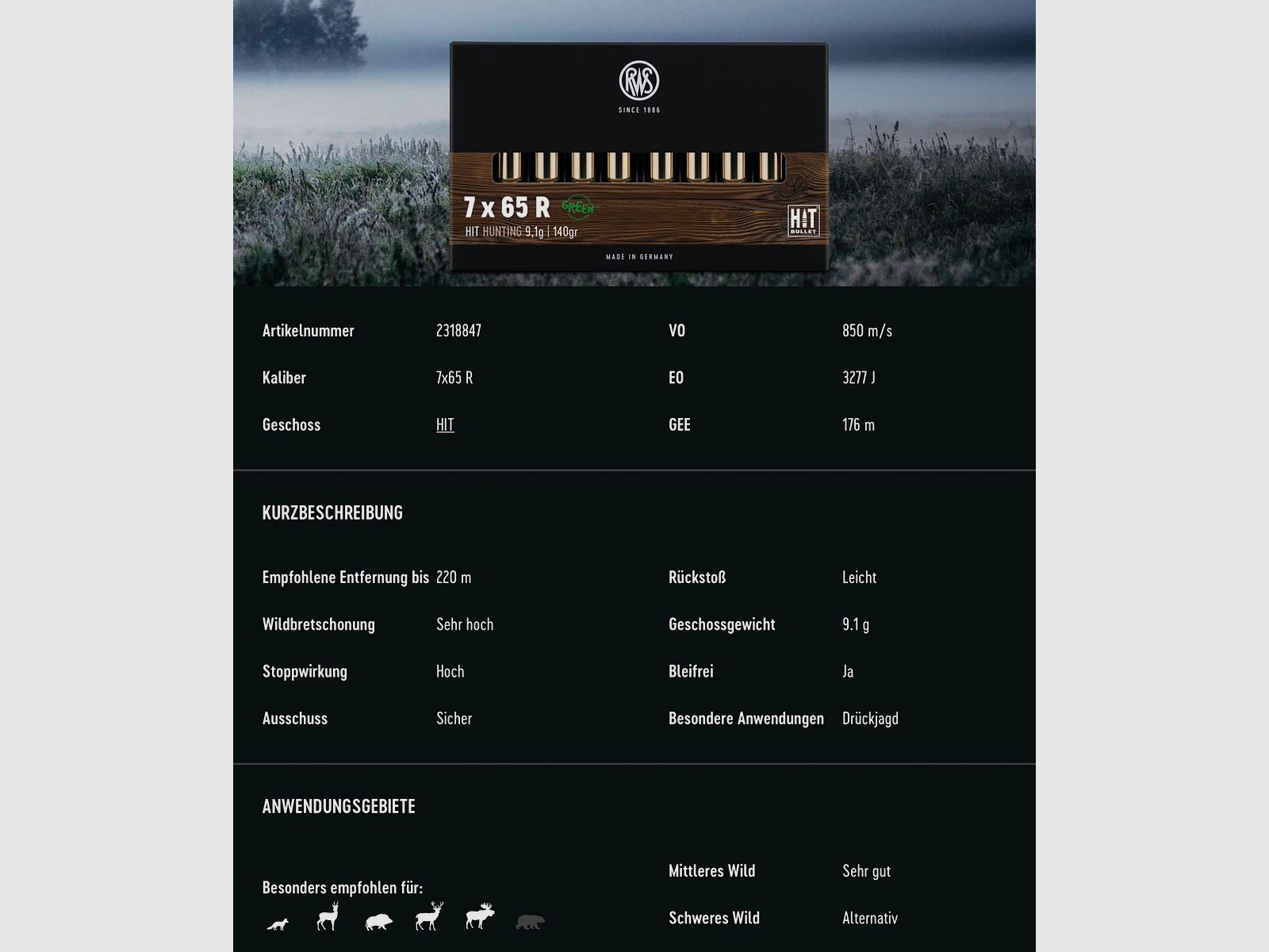 RWS 2318847 Büchsenpatronen 7x65 R HIT 9,1g 140 gr Bleifrei