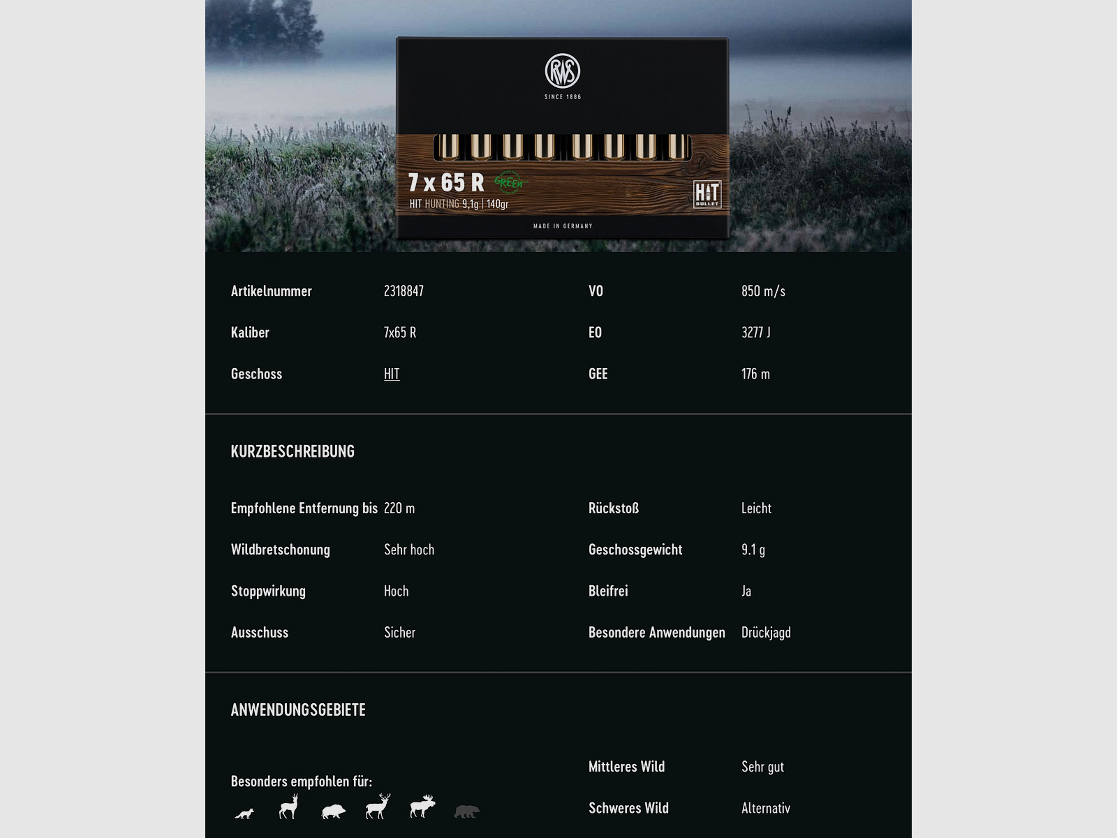 RWS 2318847 Büchsenpatronen 7x65 R HIT 9,1g 140 gr Bleifrei