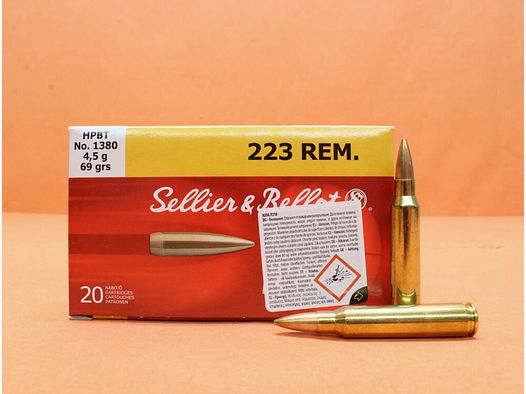 <S&B Sellier & Bellot Cartucce .223Rem S&B/ Sellier&Bellot 69grs HPBT Match (1380) VE 20 cartucce/ 4,5g punta cava a forma di torpedo Match