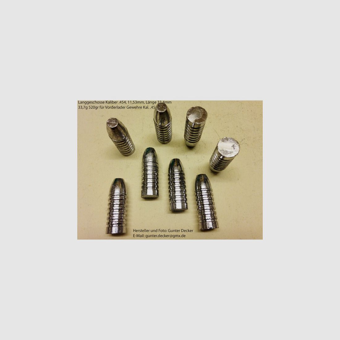 Langgeschosse Kaliber .454 11,53mm Länge 33,4mm 33,7g 520gr 7 Fettrillen für Vorderlader Gewehre .45