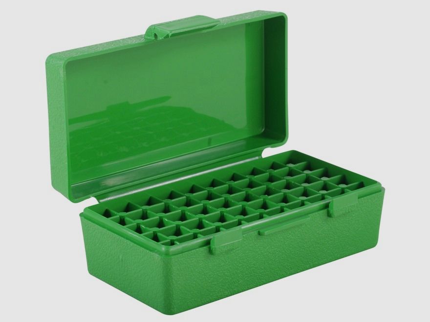 MTM scatola per cartucce P50-32-10 verde con coperchio a ribalta per 50 cartucce .25 Auto e altre.