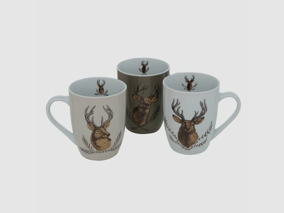 Lovergreen Kunst des Tisches Motiv Set mit 3 Porzellan-Tassen Hirschkopf
