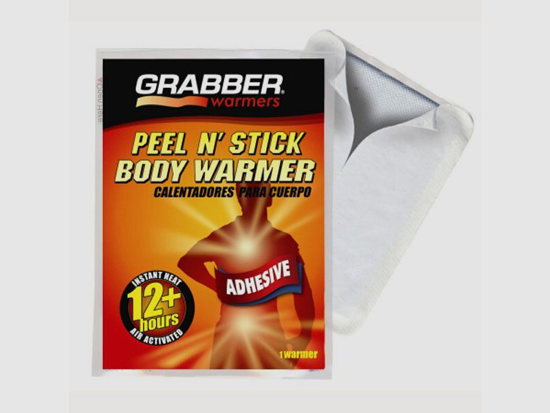 Grabber body warmer with adhesive surface