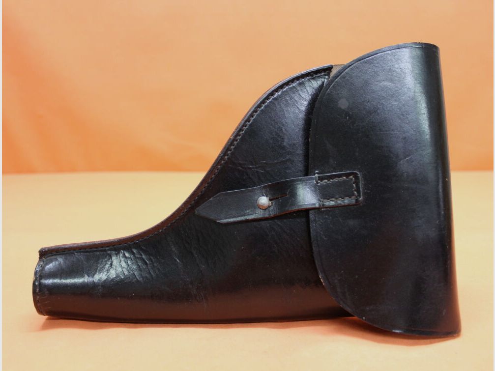 DDR MDI SURPLUS Suhler Werkstätten LP1: Signalpistolentasche Leder schwarz, 1. Modell ohne Munitionsfach MdI Stempel