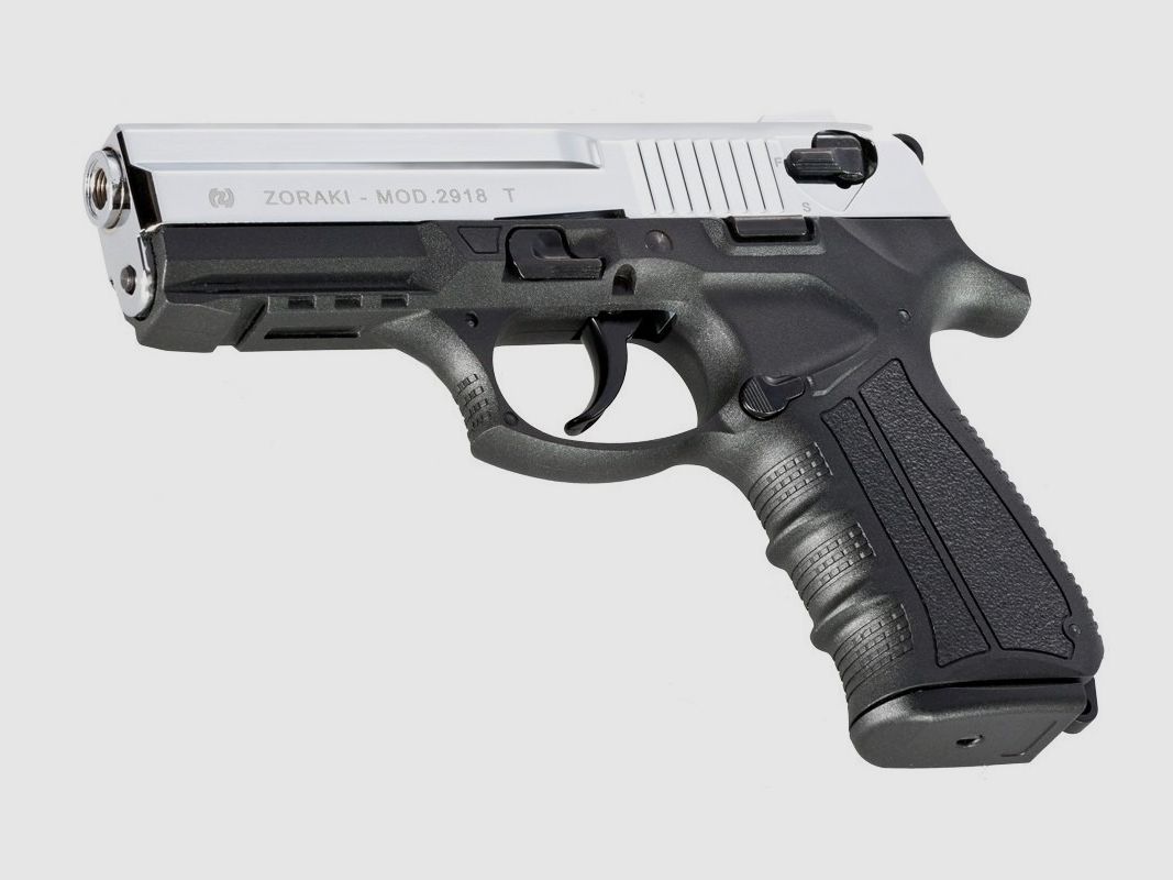 ZORAKI 2918 Noir / Chrome Brillant 9mm P.A.K. Pistolet d'alarme au style de la Beretta 92F / M9