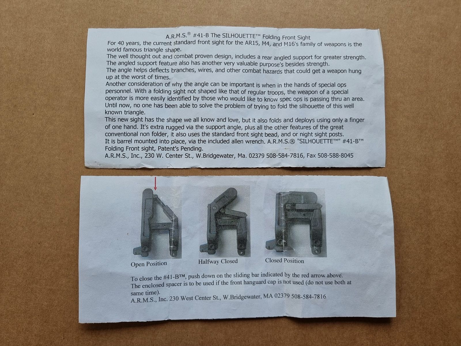 *RARA* A.R.M.S. - Sistema de riel #50-C con miras de gas plegables #41-BL y miras traseras #40-L - AR15 de los 2000