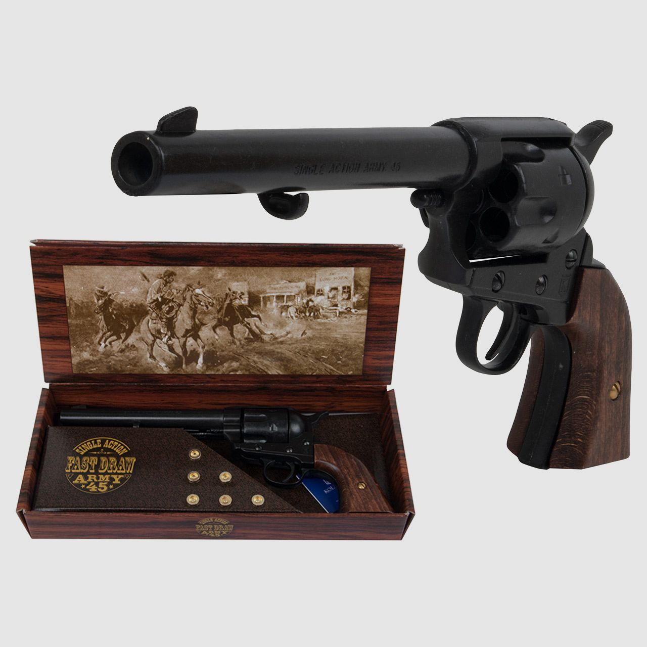 Set 2 Western Revolvergurt rechts 100 cm 2 Holster hellbraun und 2 Deko Revolver Kolser Colt SAA .45 Peacemaker 5,5 Zoll schwarz