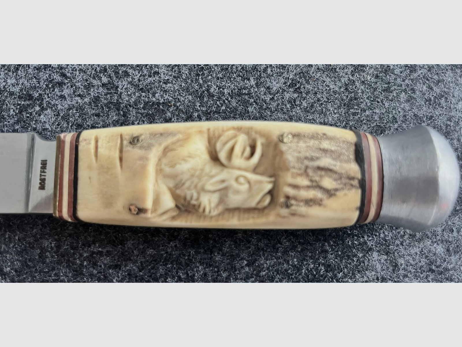 Solingen hunting knife "Ackermännchen" – Real horn handle with fine deer carving & leather sheath