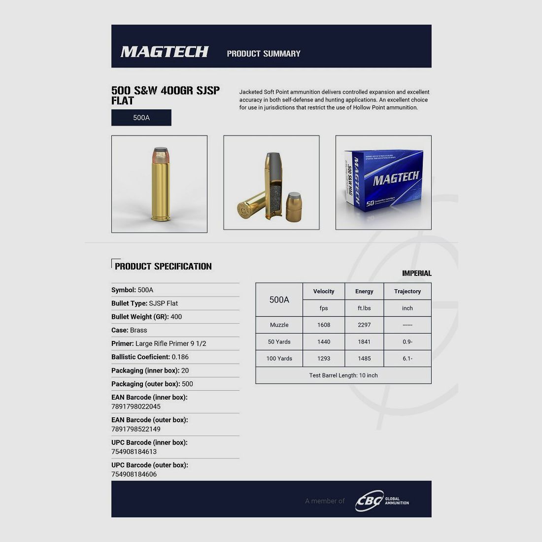 BOX MIT 20 PATRONEN MAGTECH 500 SW 400GR SJSP FLAT 500A, Bild 2 von 3