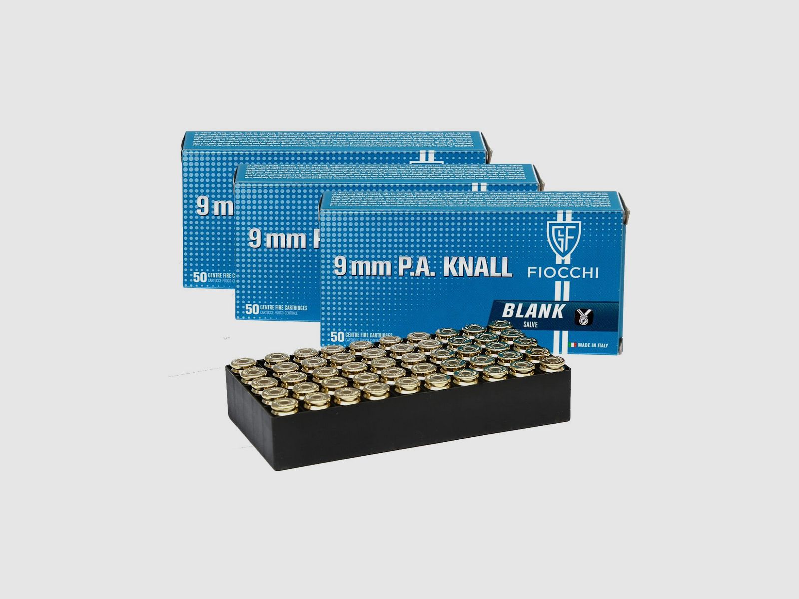 Cartouches à blanc Fiocchi 9 mm. Trois boîtes de 50 pièces.
