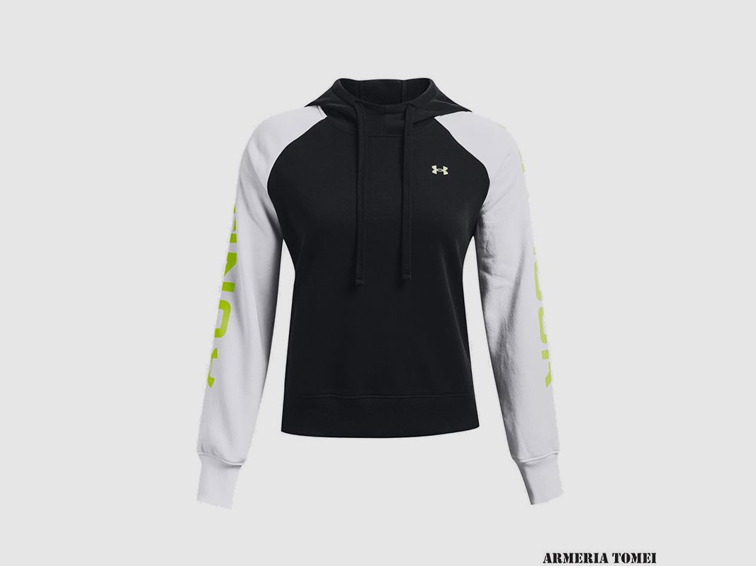 UNDER ARMOUR – DAMEN – RIVAL FLEECE CB HOODIE Schwarz/Weiß/Gelb, Bild 1 von 4