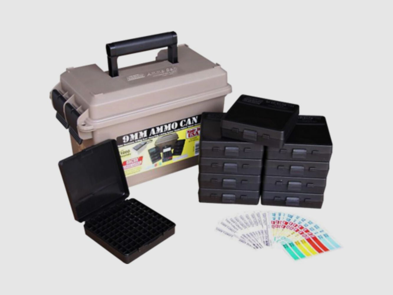 MTM TRANSPORTKISTE MIT KLAPPGRIFF INKL. 10ER SET PATRONENBOXEN (P-100-9) BRAUN VE:6