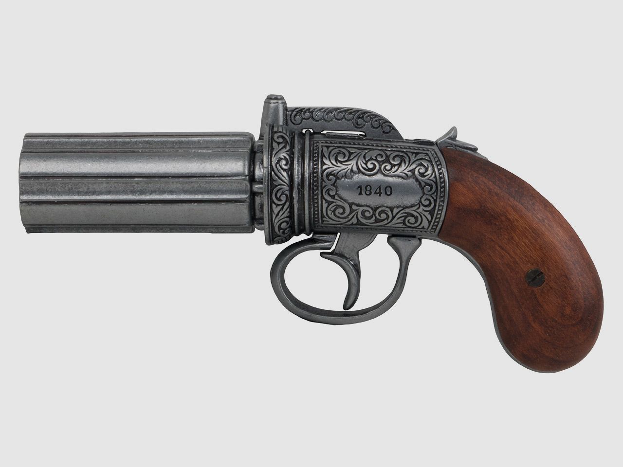 B-Ware Deko Vorderlader BĂĽndelrevolver Pepperbox England 1840 6-lĂ¤ufig LĂ¤nge ca. 22,5 cm silbergrau verziert