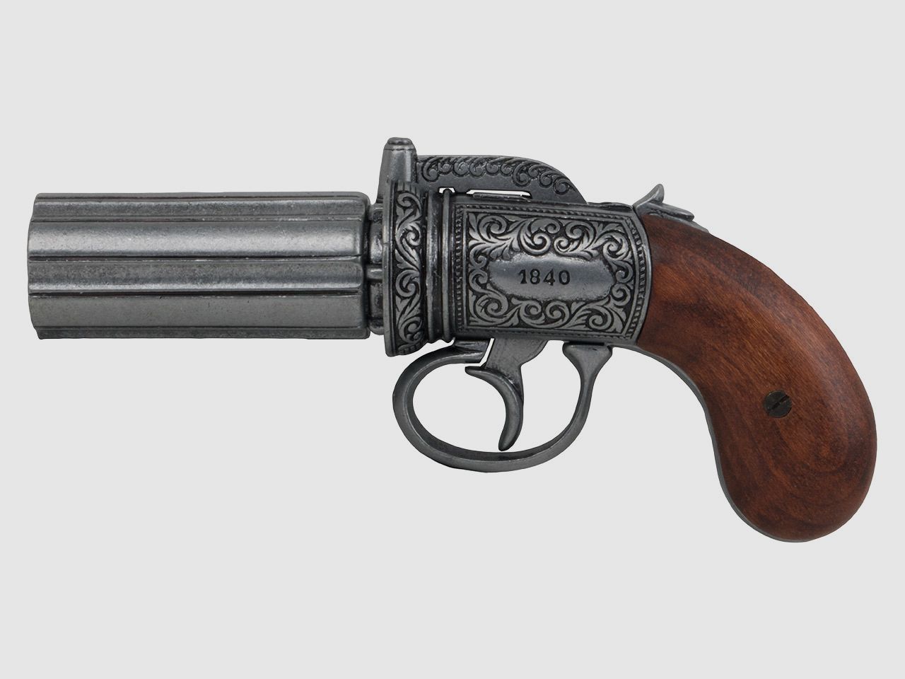 Deko Vorderlader BĂĽndelrevolver Pepperbox England 1840 6-lĂ¤ufig LĂ¤nge ca. 22,5 cm silbergrau verziert