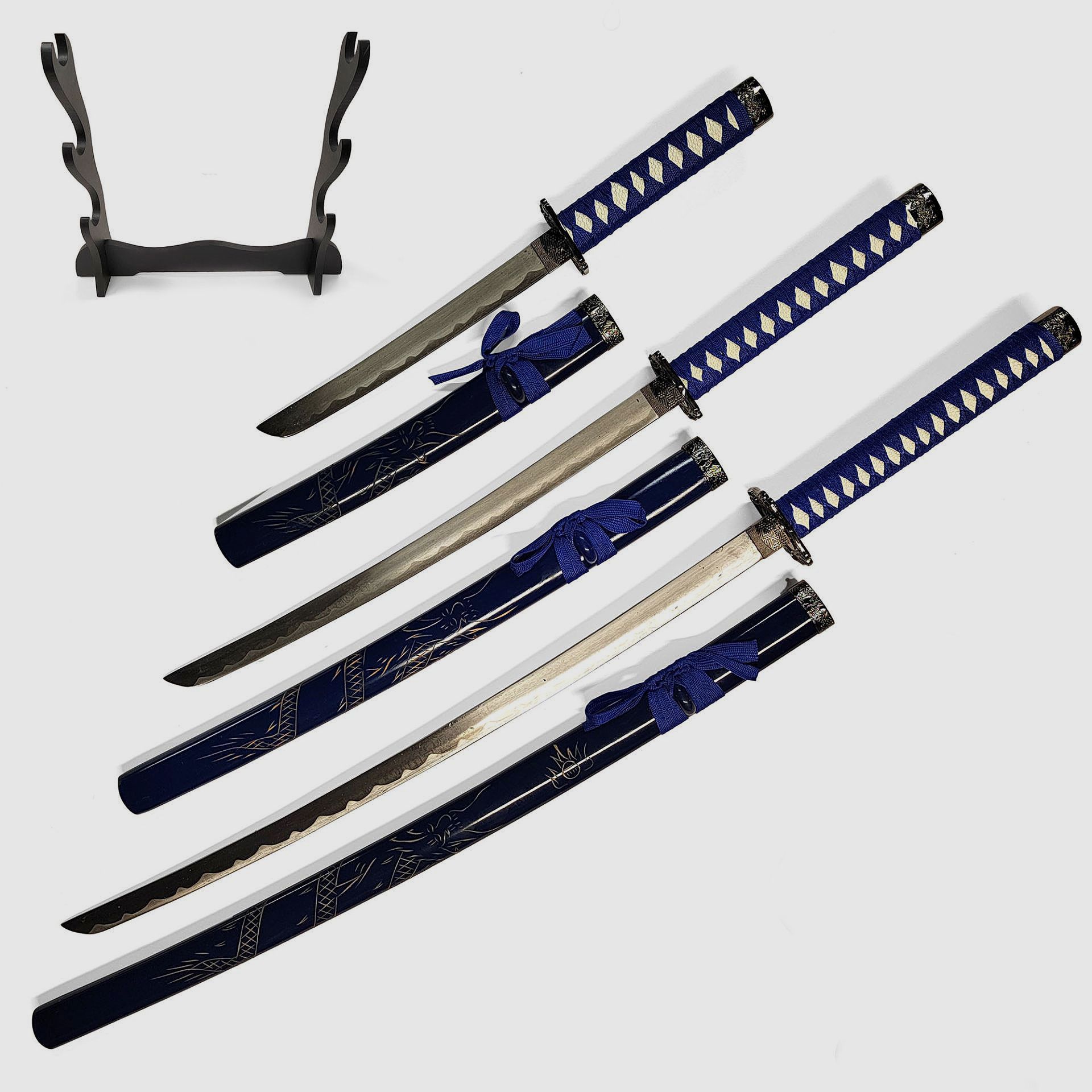 Samurai sword 3-piece set with stand blue