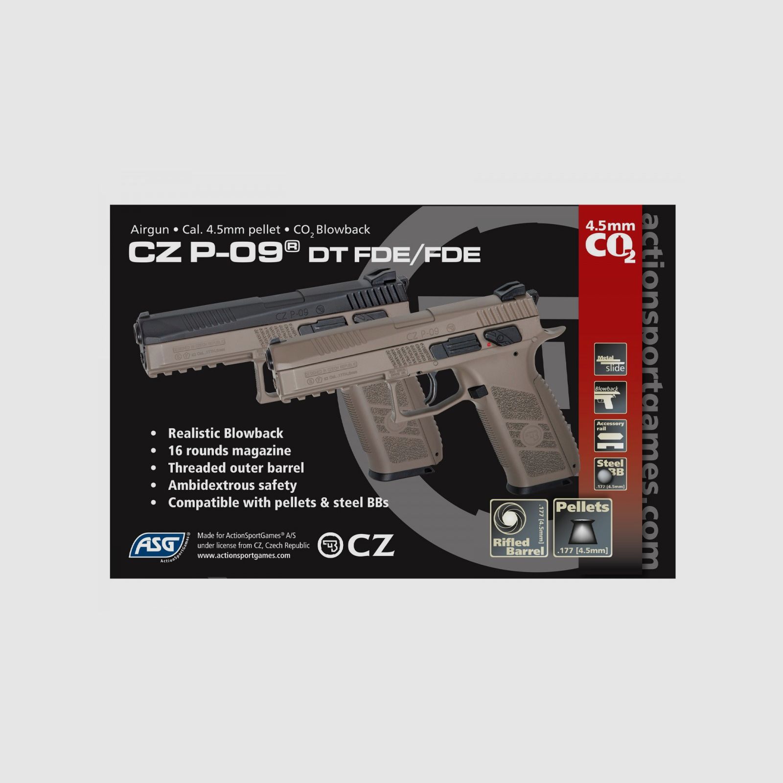 Pistola a pallini CZ P-09 Nero-FDE CO2 - 3,7 joule - cal. 4,5mm, immagine 3 di 11