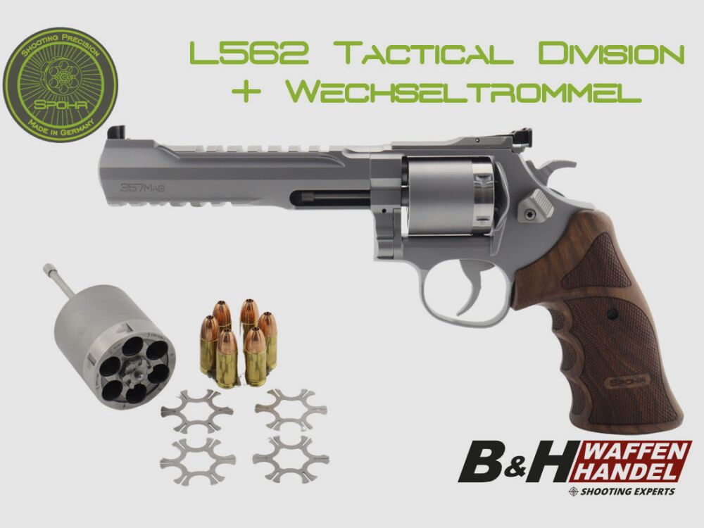 Revolver Spohr L562 Tactical Division en acier inoxydable avec barillet interchangeable 9mm fabriqué en Allemagne