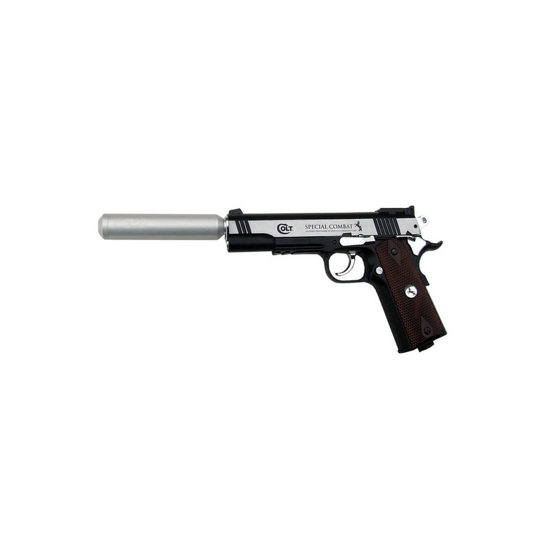 CO2 Pistole Colt Special Combat Classic Ganzmetall Kaliber 4,5 mm BB (P18)+ silberner SchalldĂ¤mpfer Adapter