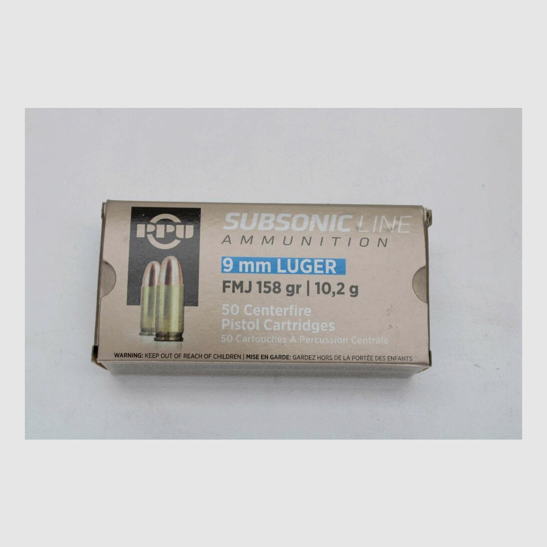 250 rounds PPU 9mm Luger SUBSONIC with 10.2 grams 158 grs. FMJ 5x50 pack