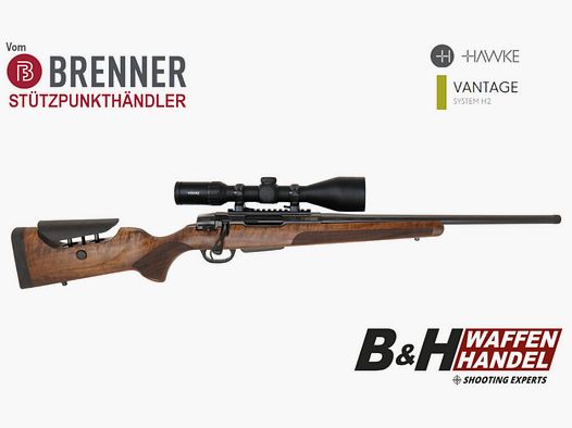 Brenner Komplettpaket: BR20 L.E. (Nussbaum, verstellbarer Schaftrücken) mit Hawke 3-12x56