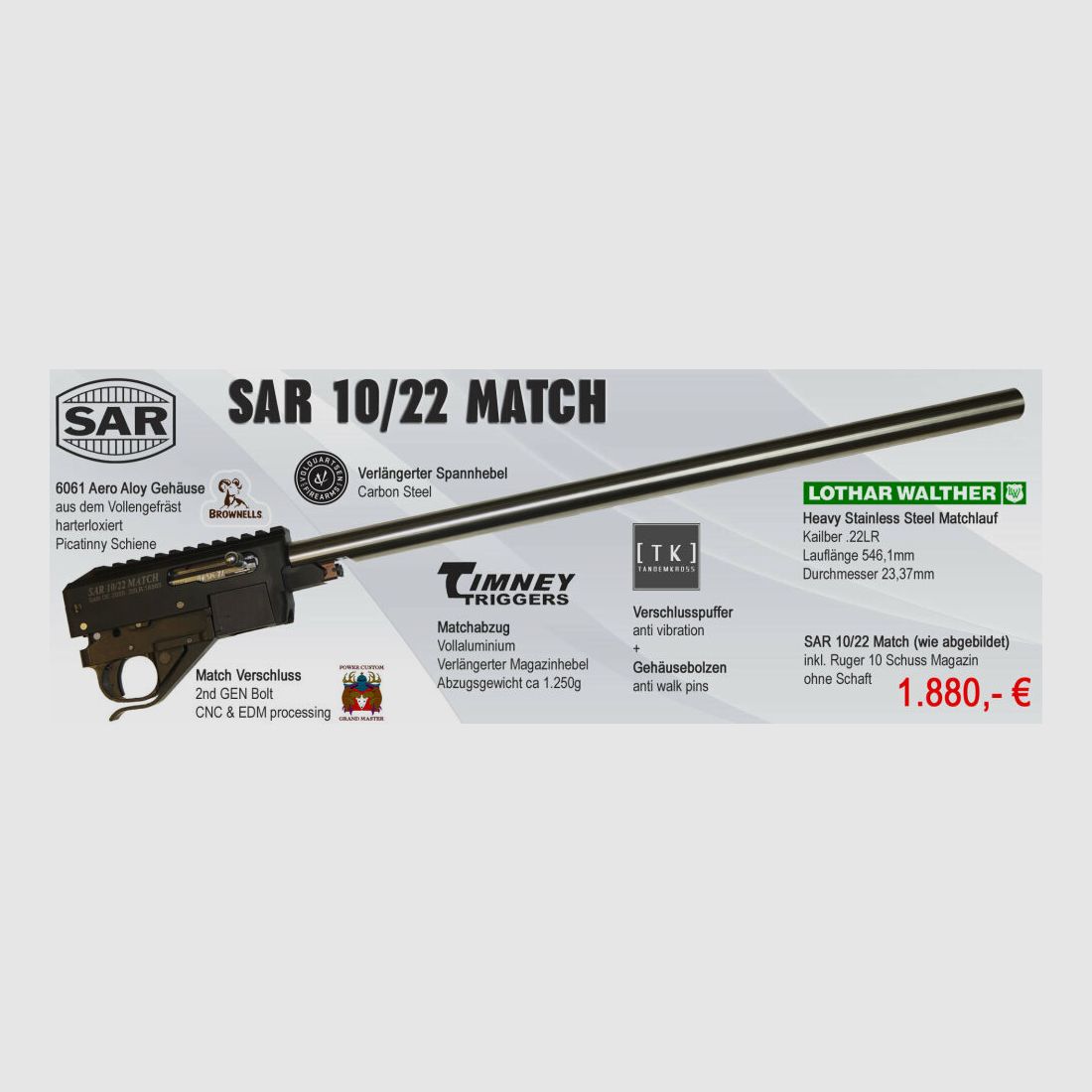 Schwaben Arms GmbH SAR 10/22 MATCH semi-automatisch geweer in kaliber .22L.R. geschikt voor RUGER 10/22