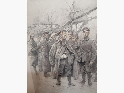 Très belle gravure de George Scott – Prisonniers allemands Champagne – Très beau cadre à thème militaire