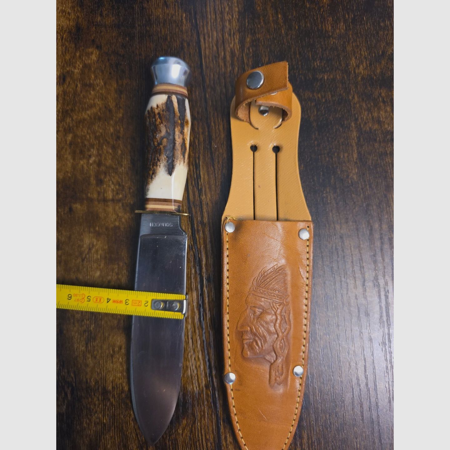 Cuchillo de caza Solingen con mango de asta de ciervo acero inoxidable Drop-Point 10,1–13 cm + funda