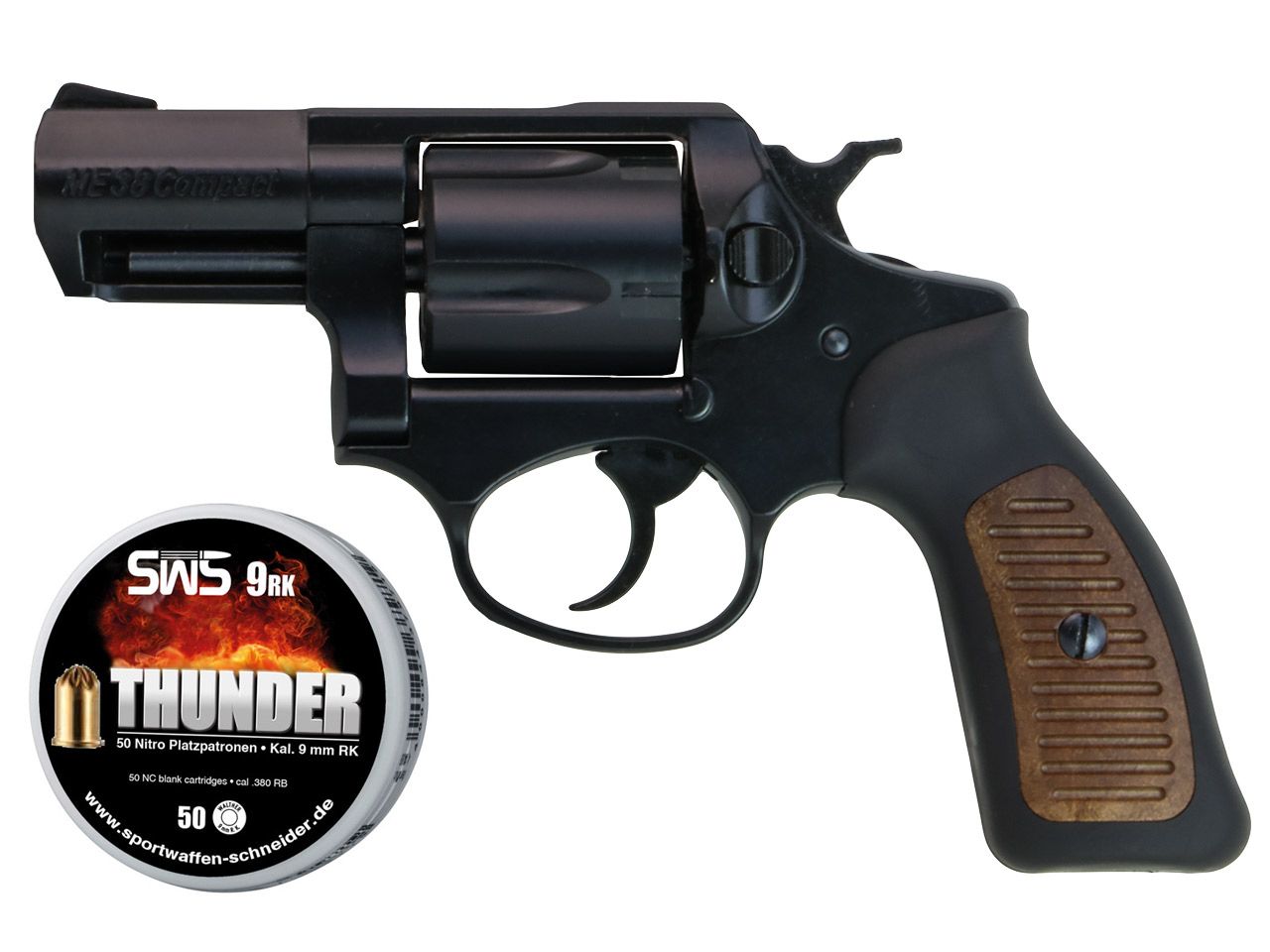 Schreckschuss Revolver Melcher ME 38 Compact brĂĽniert schwarz brauner Kunststoffgriff Kaliber 9 mm R.K. (P18) + 50 Schuss