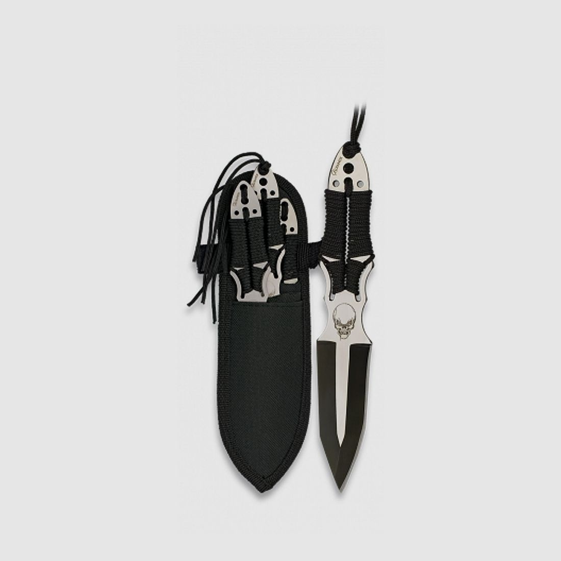 3x Cuchillo de lanzamiento 17cm "Calavera" con envoltura de hoja Tanto y estuche
