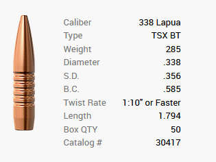 Proiettile Barnes .338 Lapua/.338 285GR TSX BT 50 pezzi