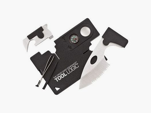 Survival card wallet size with blade, bottle opener, and compass
