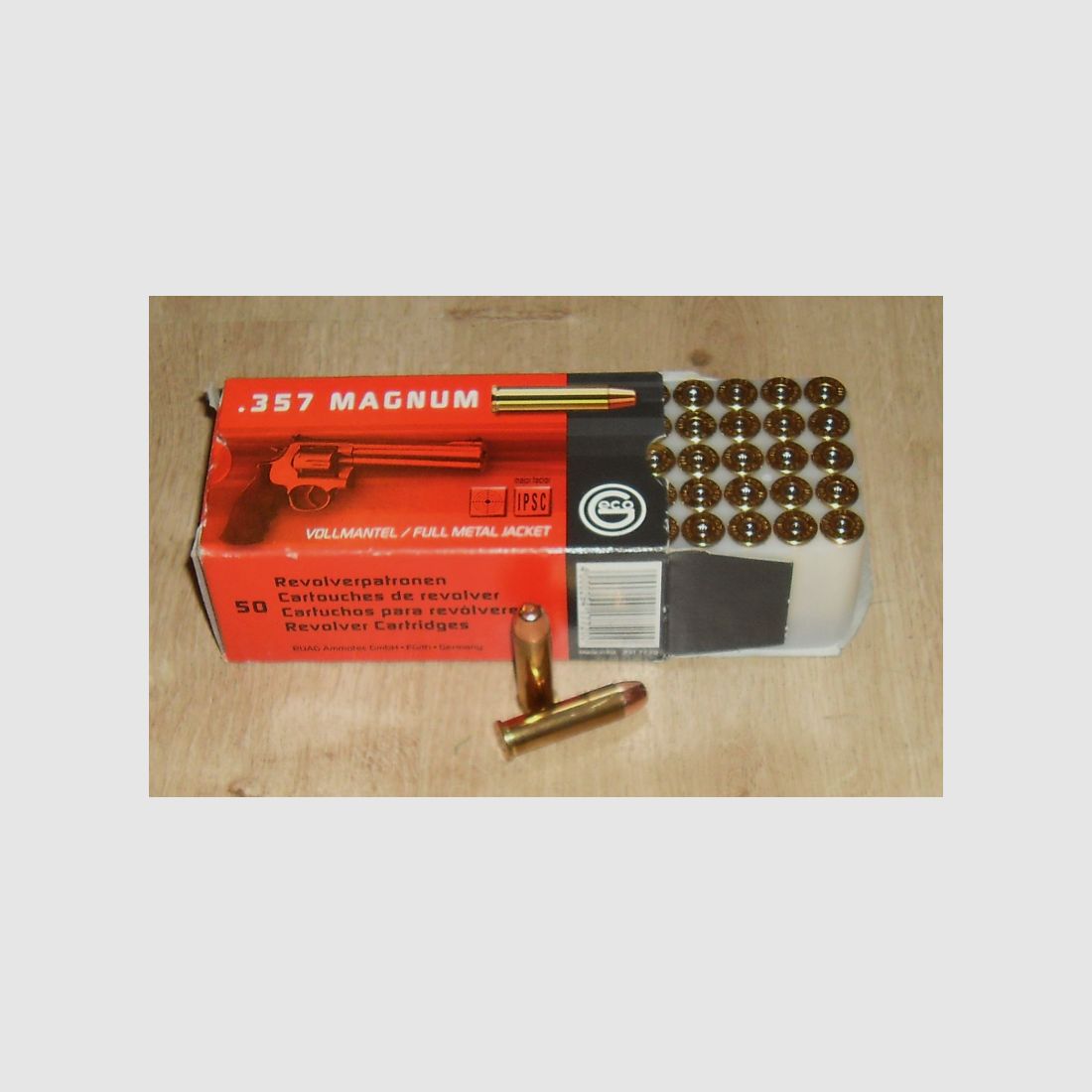 50 Stück Dekos GECO .357 Magnum / Magn. / .357 Mag Vollmantel Messinghülsen in Originalverpackung