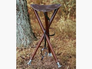 @ Dreibein Ansitzstuhl Echtleder & Holz mit klappbaren Metalltellern und Spitzen + Ledertrageriemen @