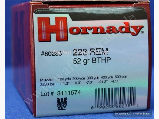 Hornady Rifle .223Rem. 52grs. BTHP Match 50 STK