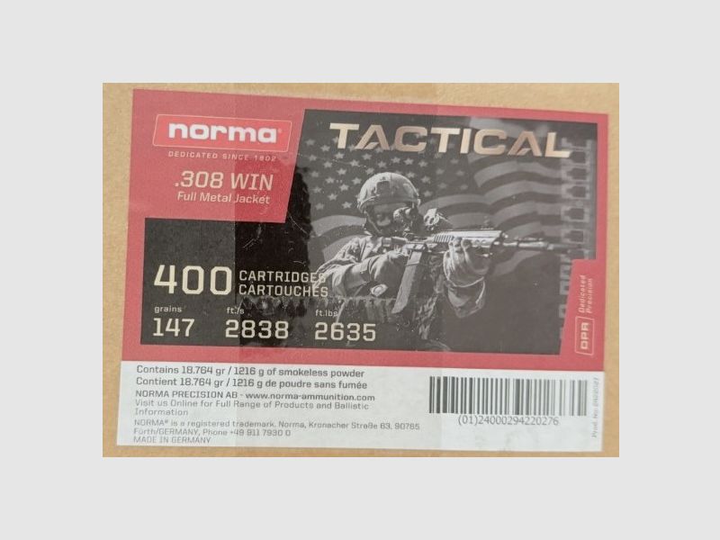 Norma .308 Win TACTICAL Vollmantel 9,5g/ 147 grain insgesamt 650 Schuss in versiegelter Originalverpackung