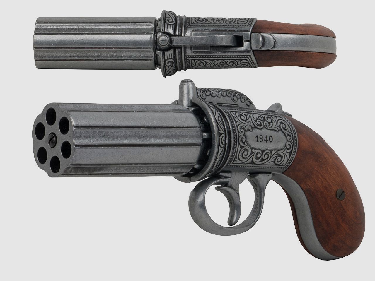 Deko Vorderlader BĂĽndelrevolver Pepperbox England 1840 6-lĂ¤ufig LĂ¤nge ca. 22,5 cm silbergrau verziert