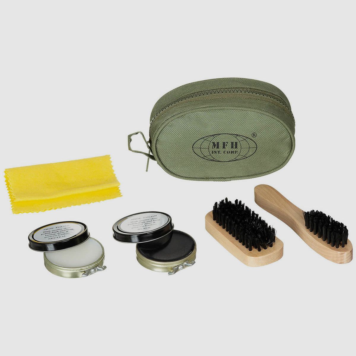 Shoe cleaning kit, olive, 2 brushes, 2 shoe cream cans