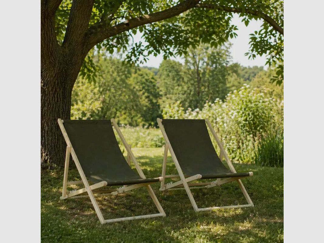 Set aus 2 Liegestühlen aus Kiefernholz und Baumwollstoff Khaki, Bild 1 von 14