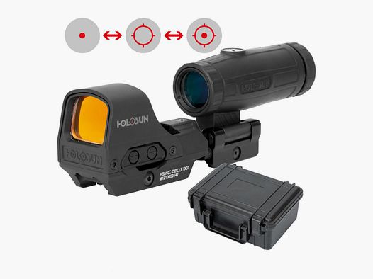Holosun Set, Holosun Reflexvisier, Modell HS510C-RD mit rotem Wechselabsehen: 2MOA Dot, 65MOA Circledot & 65MOA Circle und Magnifier HM3X