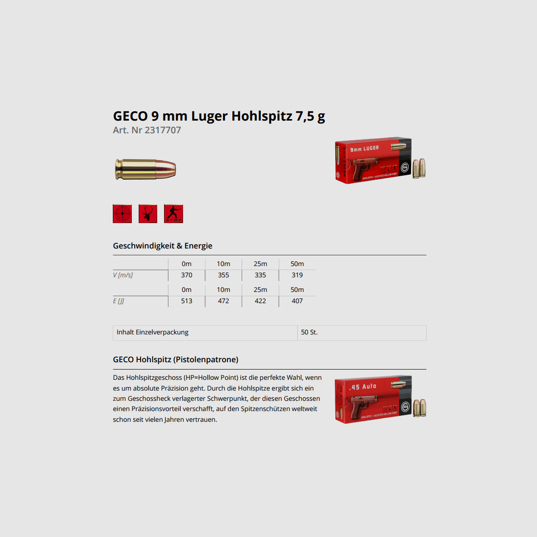GECO cal. 9.. pistolet 9mm Luger JHP 50 pièces 115 gr/7,5 g, image 2 sur 3