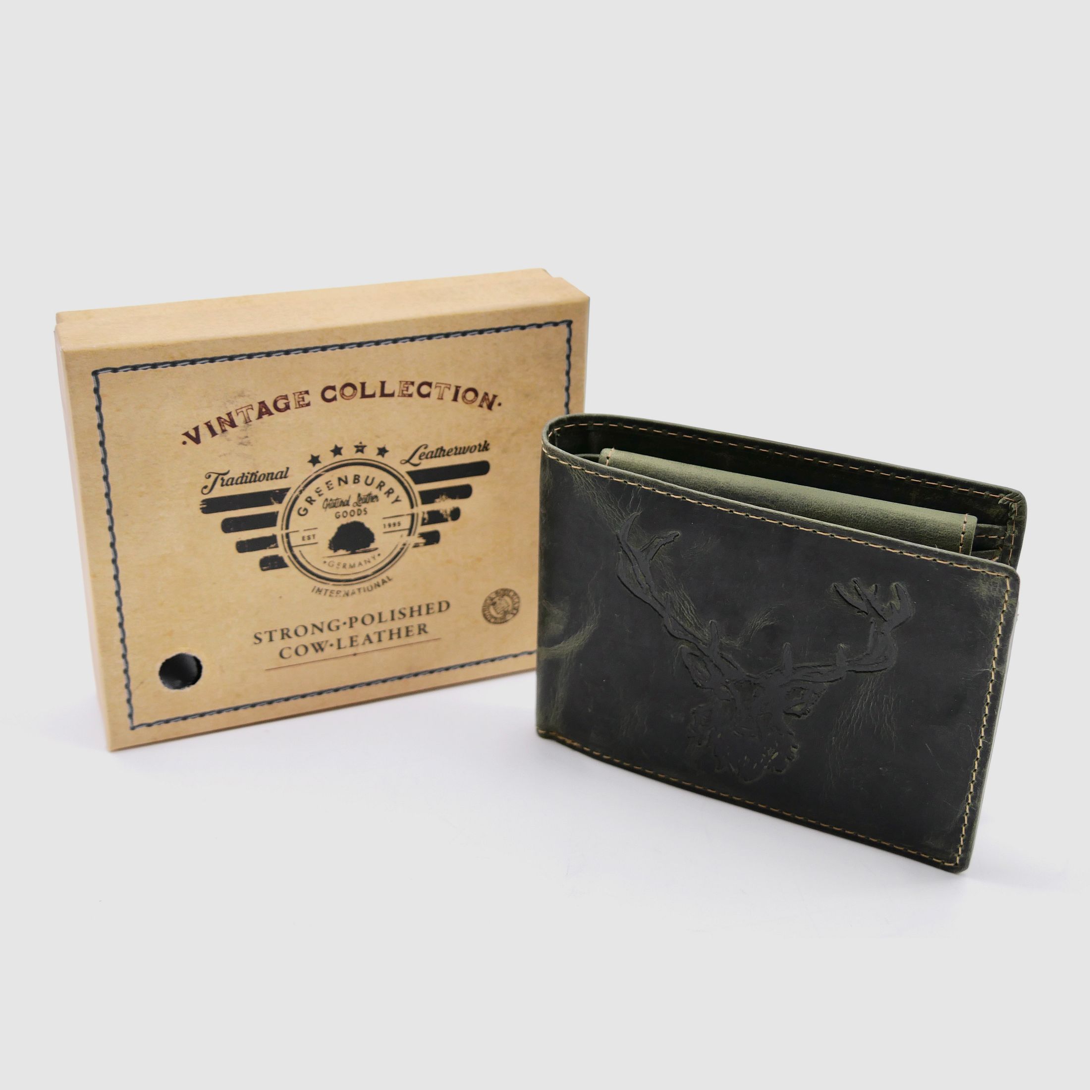 Greenburry Leder Geldbörse olive Vintage Animal Collection Royal Stag Hirsch 1705-rs-30