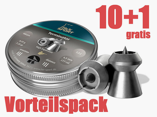 10+1 GRATIS x 400 StĂĽck H & N Hohlspitz-Diabolos TERMINATOR, Jagd, Kal. 4,50 mm, 0,47 g