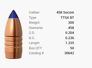 Bala Barnes .458 Socom/.458 300GR Tipped TSX Spitzer BT 50 piezas