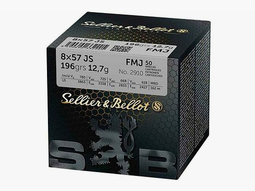 Sellier & Bellot 8x57 IS full metal jacket 12.7g/196grs. Tiered price from 10 packs for €49 per pack