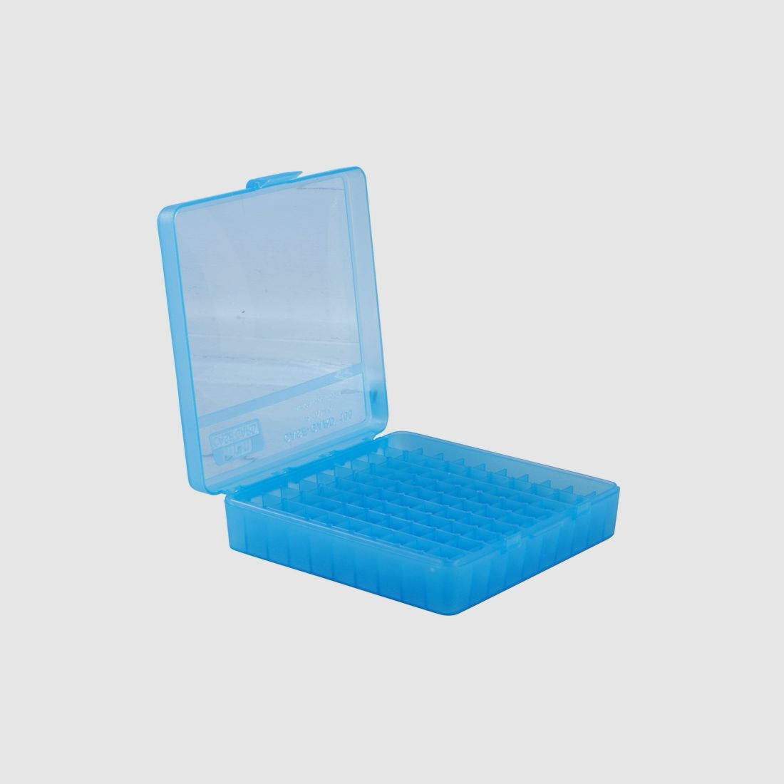MTM cartridge box P-100-45-24 blue clear with flip lid for 100 cartridges .45 ACP and others.