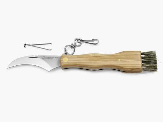 Coltello per funghi PUMA IP con spazzola, pinzetta e moschettone, legno d'olivo