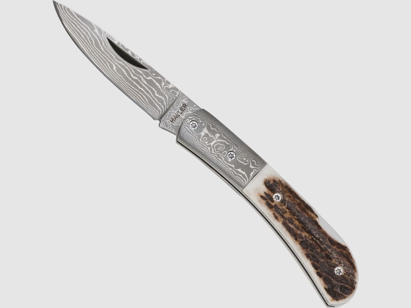 Damast-Taschenmesser Hirschhorn in Holz-Geschenk-Box §42a konform legal führen