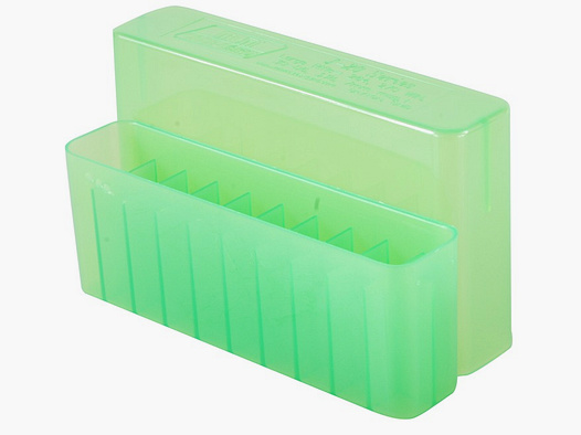 MTM cartridge box J-20-L-16 green clear with lid for 20 cartridges .30-06 and others.