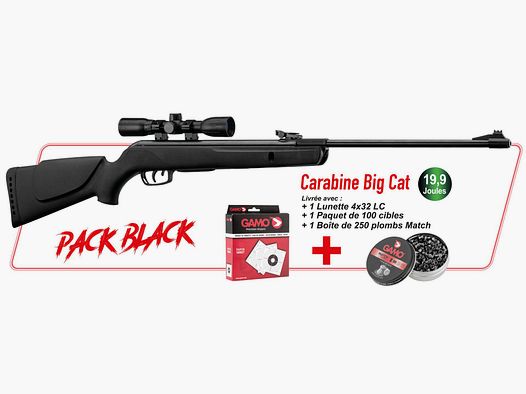 Pack Büchse Big Cat + Zielfernrohr 4×32 LC + 100 Zielscheiben + 250 Diabolos Match Gamo Kal. 4,5 19,9J
