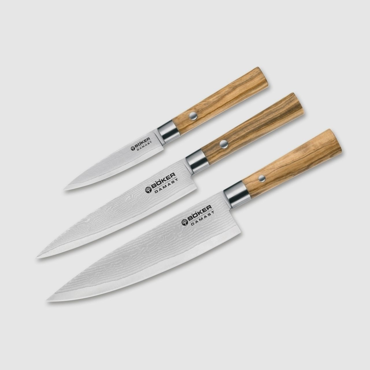 BKER Manufaktur Solingen 3 Kochmesser Damast Olive Messer-Set